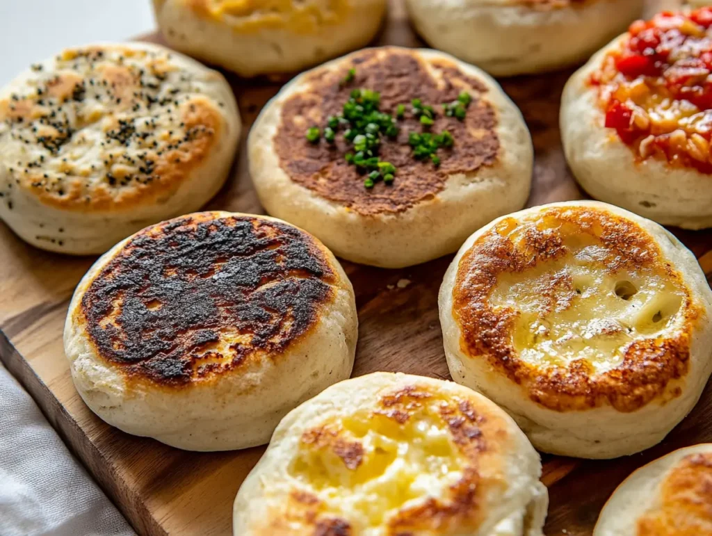 Closeup of toasted English muffins with butter melting into the nooks next to slices of artisan bread with visible crust and soft crumb