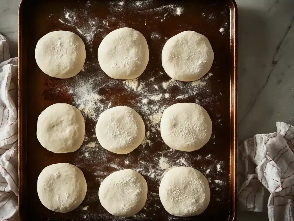 Illustrate the process of making perfect English muffins, from dough preparation to griddling