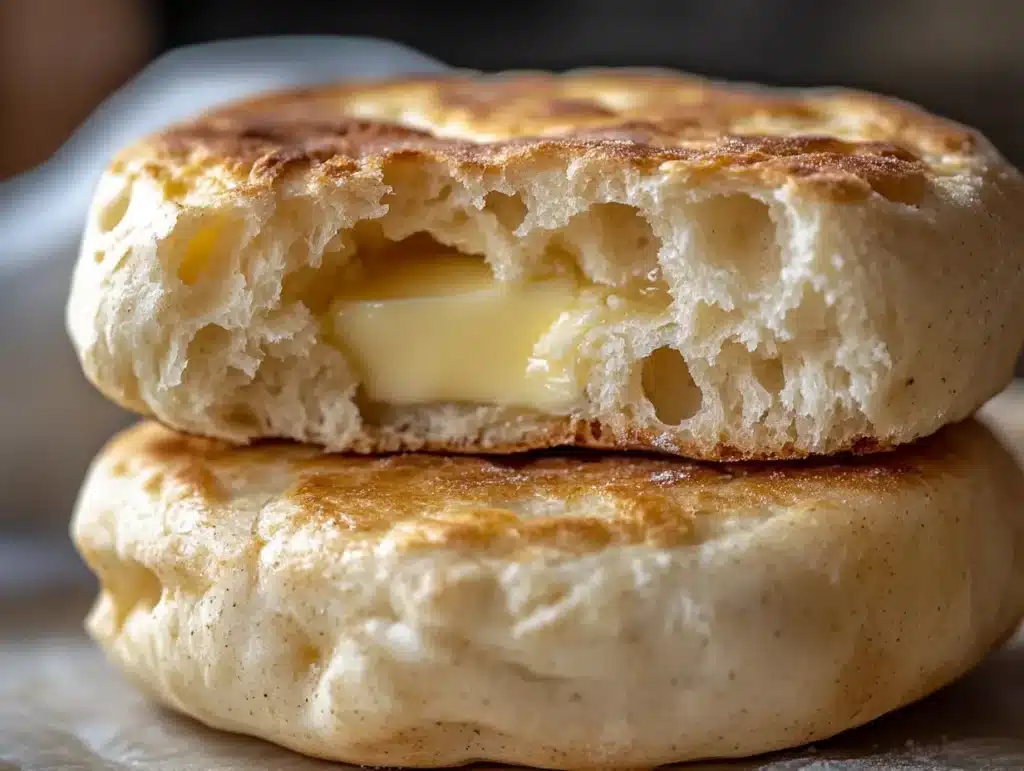 English muffin showcasing its crumbly texture with butter melting in the nooks and crannies

