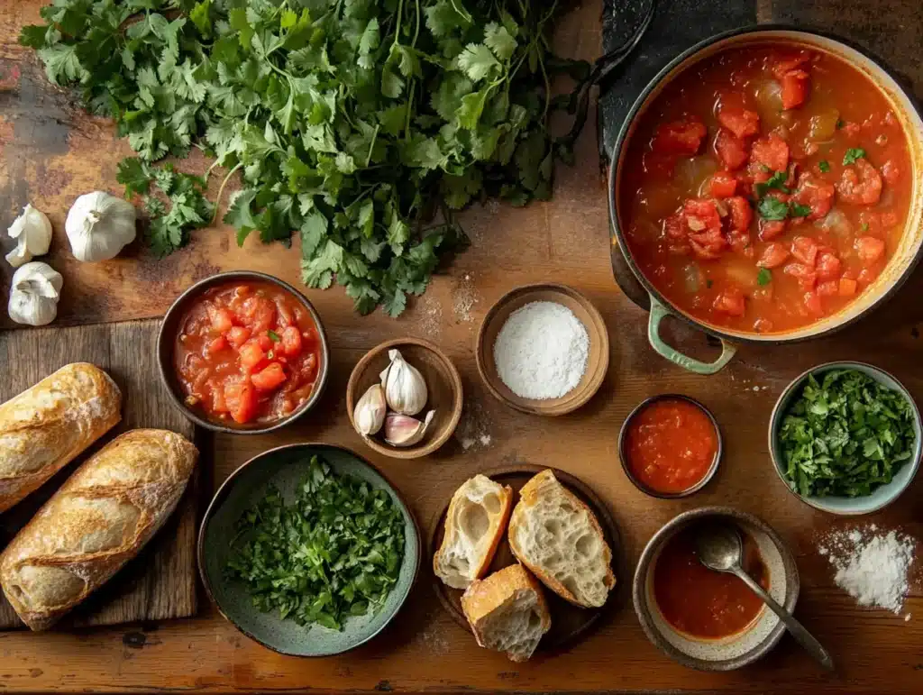 Flatlay photograph of fresh ingredients on a rustic wooden countertop including tomatoes onions garlic spices and optional proteins