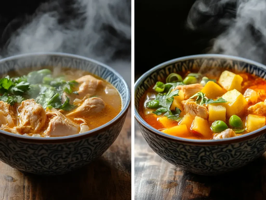 Sidebyside shot of traditional and modern chicken stew bowls with steam rising