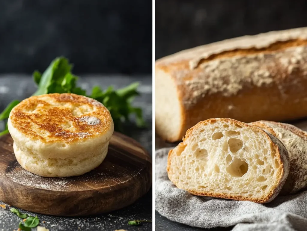 A sidebyside comparison of English muffins with visible nooks and crannies and a loaf of traditional bread