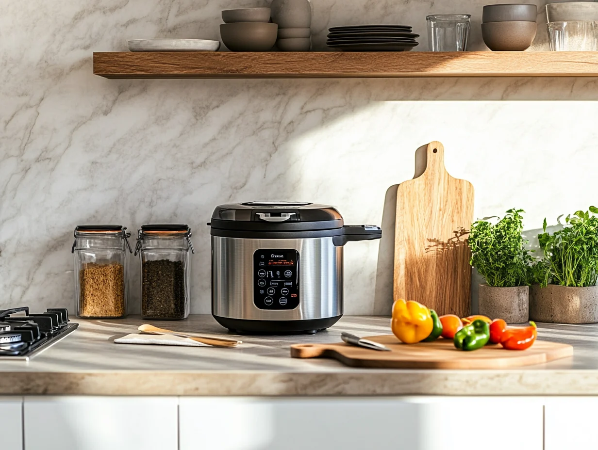 A well-organized kitchen counter featuring an Instant Pot, cutting board, and neatly arranged pre-measured ingredients ready for cooking