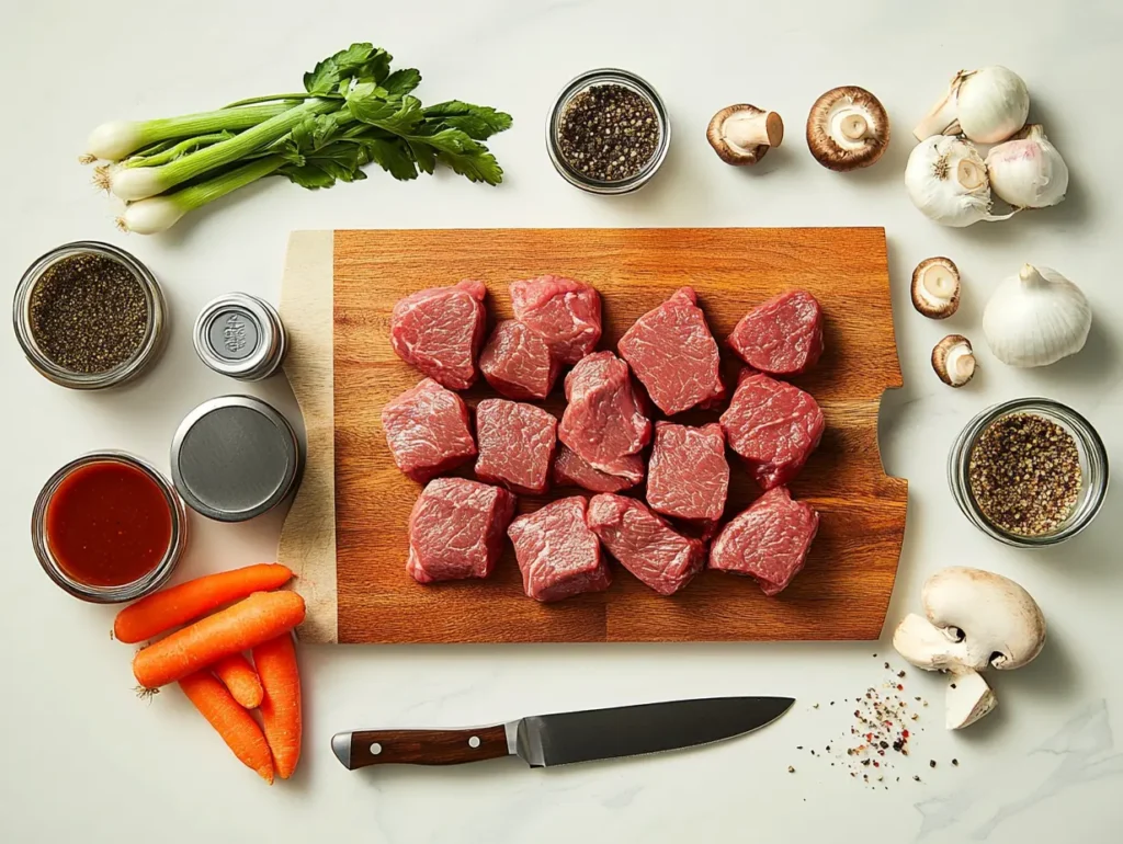 Flat-lay of raw beef tips surrounded by fresh vegetables like onions, mushrooms, and carrots, with spices, small jars of sauces, a wooden cutting board, and a kitchen knife