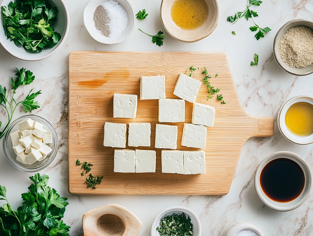 Blocks of tofu on a wooden cutting board surrounded by small bowls of spices, fresh herbs like thyme and parsley, soy sauce, and sesame oil on a well-lit kitchen counter