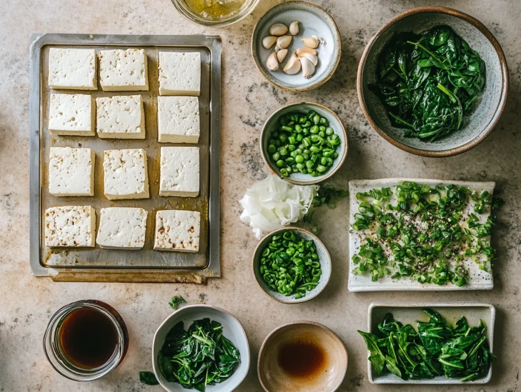 Step-by-step collage showing pressing tofu, blanching spinach in boiling water, and preparing with garlic and soy sauce, arranged neatly on a kitchen counter