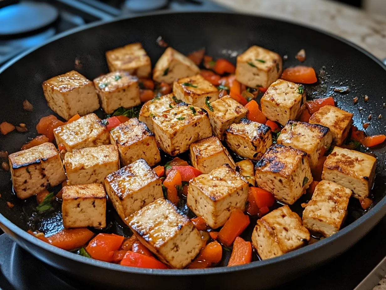 Alt text for the flat-lay image of vegetables and tofu: "Fresh vegetables, tofu, and aromatic spices arranged for a tofu recipe