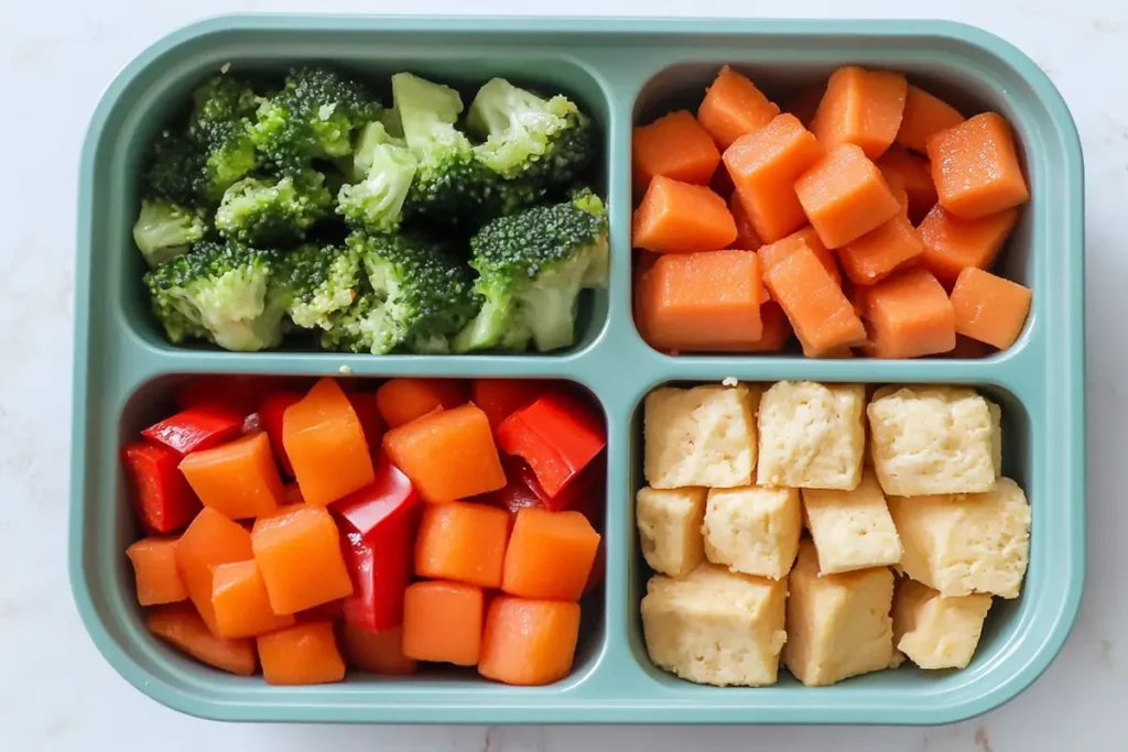 A colorful toddler lunch featuring a variety of vegetarian options, including vegetable sticks, hummus, cheese cubes, whole-grain pasta, and fresh fruit slices, arranged on a child-friendly plate