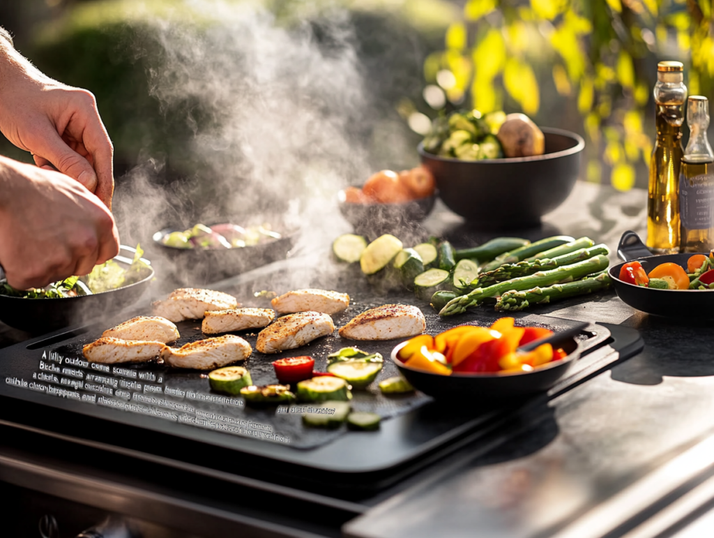 Chef preparing marinated chicken breasts and colorful vegetables like zucchini, bell peppers, and asparagus on a Blackstone griddle during the cooking process