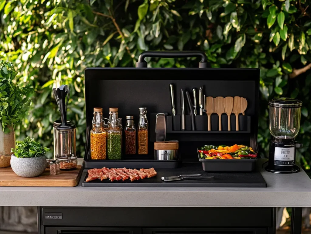 Well-organized Blackstone grilling station with tools like spatulas, oil dispensers, a thermometer, and prepped ingredients in containers