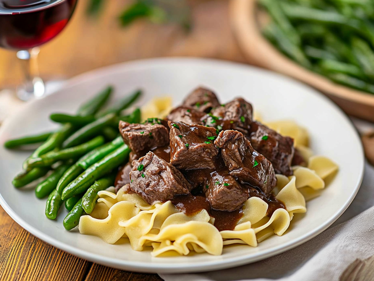 Beef tips and noodles on a white plate, served with buttered green beans