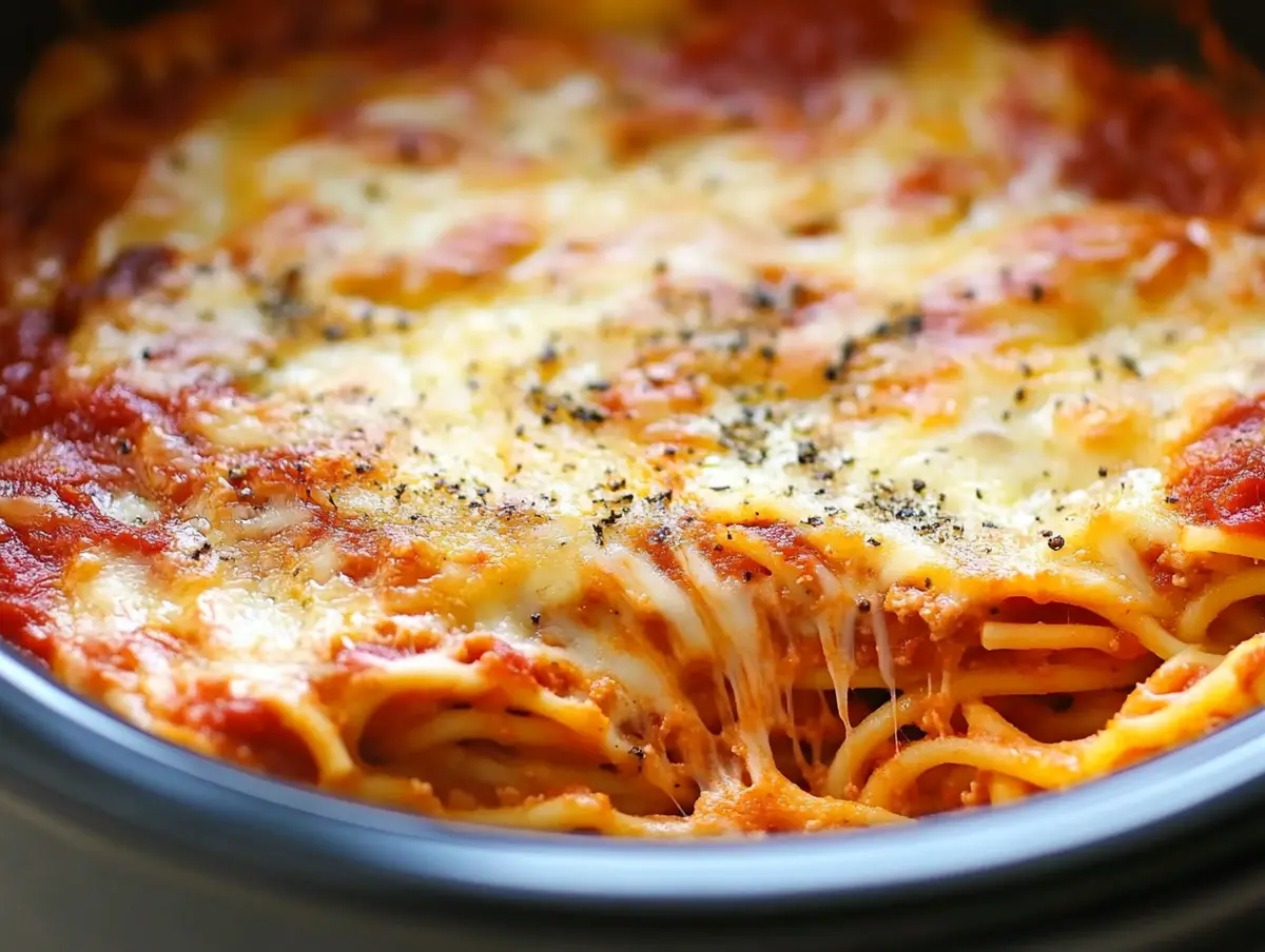 Close-up of a slow cooker filled with layered noodles, vibrant red tomato sauce, and creamy melted cheese, creating a visually appealing contrast with beige pasta