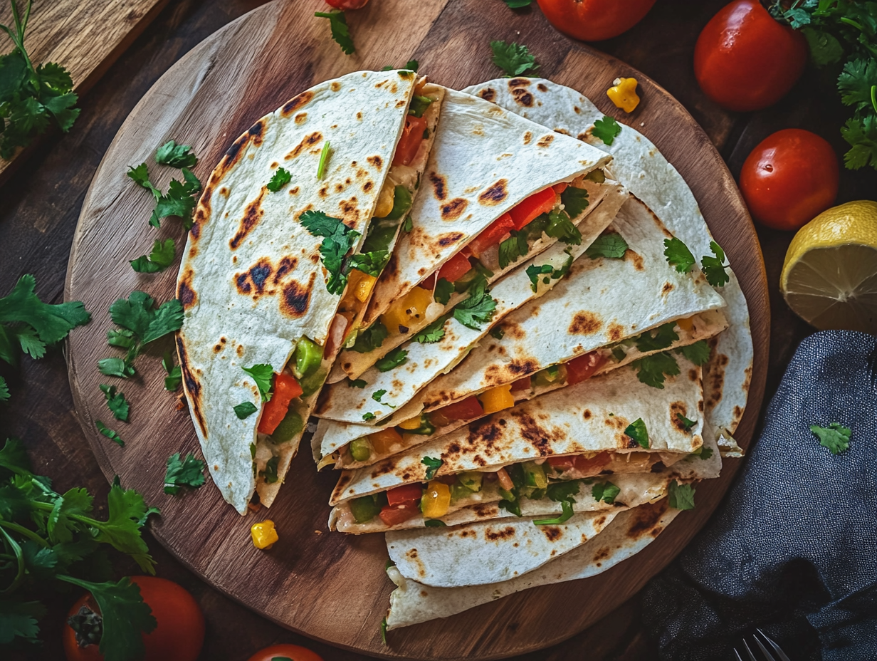 Close-up of hidden veggie quesadillas with golden-brown tortillas and a cheesy, colorful veggie filling. Captured with an iPhone 15 Pro in a beautiful, realistic kitchen setting