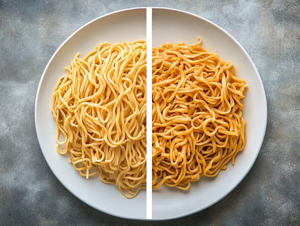 comparison of perfectly cooked crockpot noodles versus overcooked mushy ones on a plate