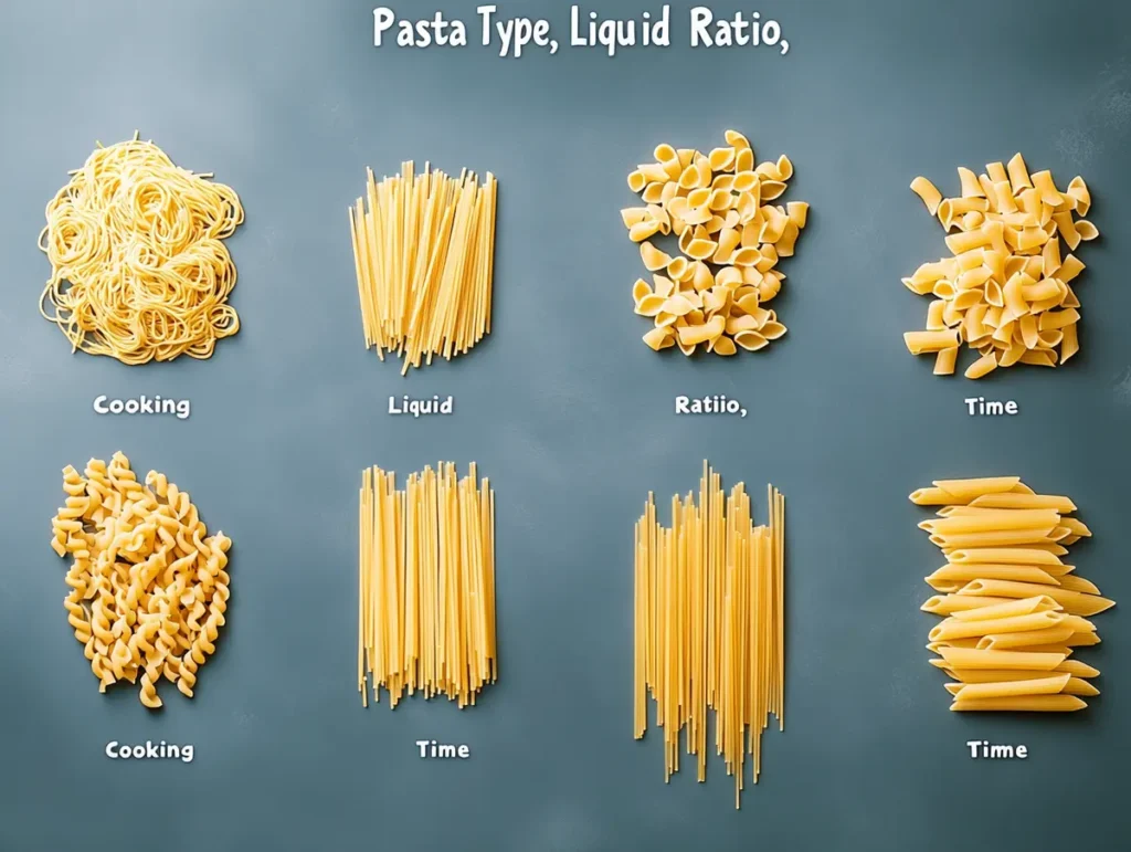 Comparison table with columns for pasta type, liquid ratio, and cooking time, including spaghetti, penne, and lasagna noodles for slow cooker settings