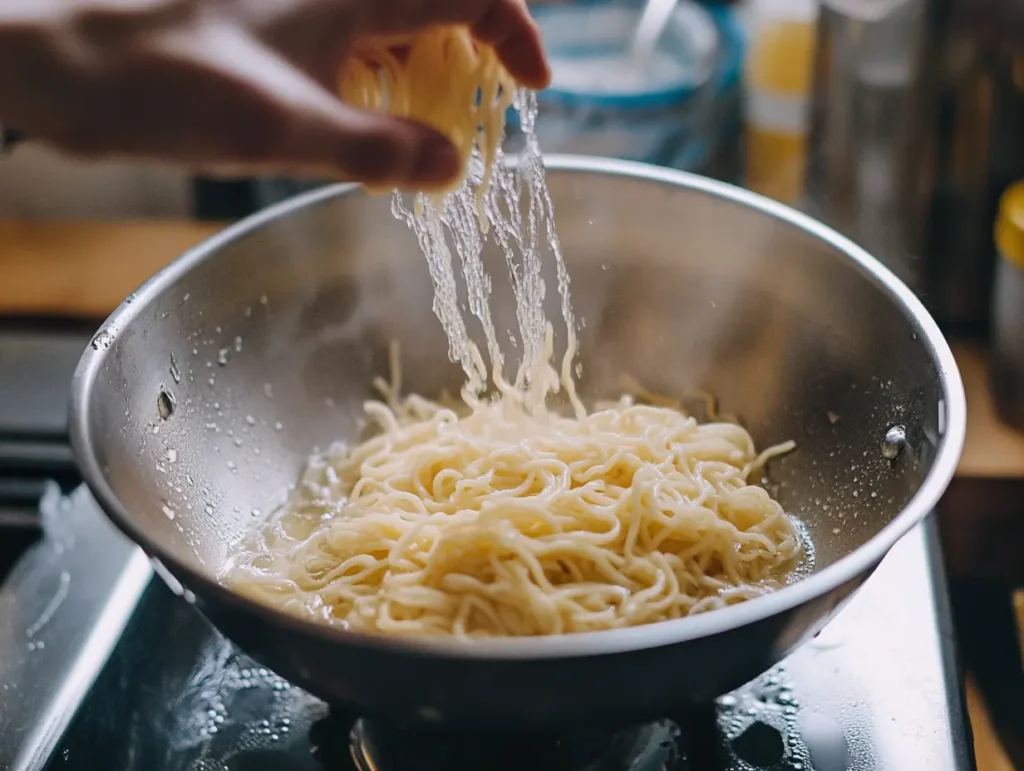 egg noodles being tossed in a pan