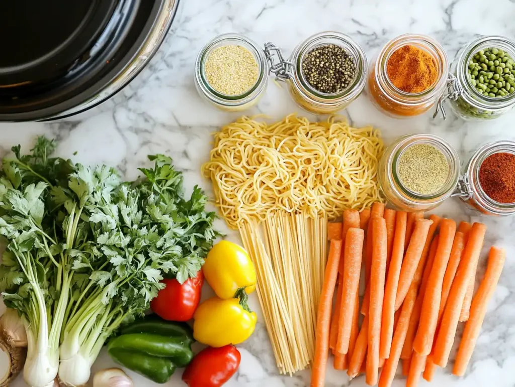 essential crockpot noodle ingredients raw dry noodles fresh vegetables jars of spices