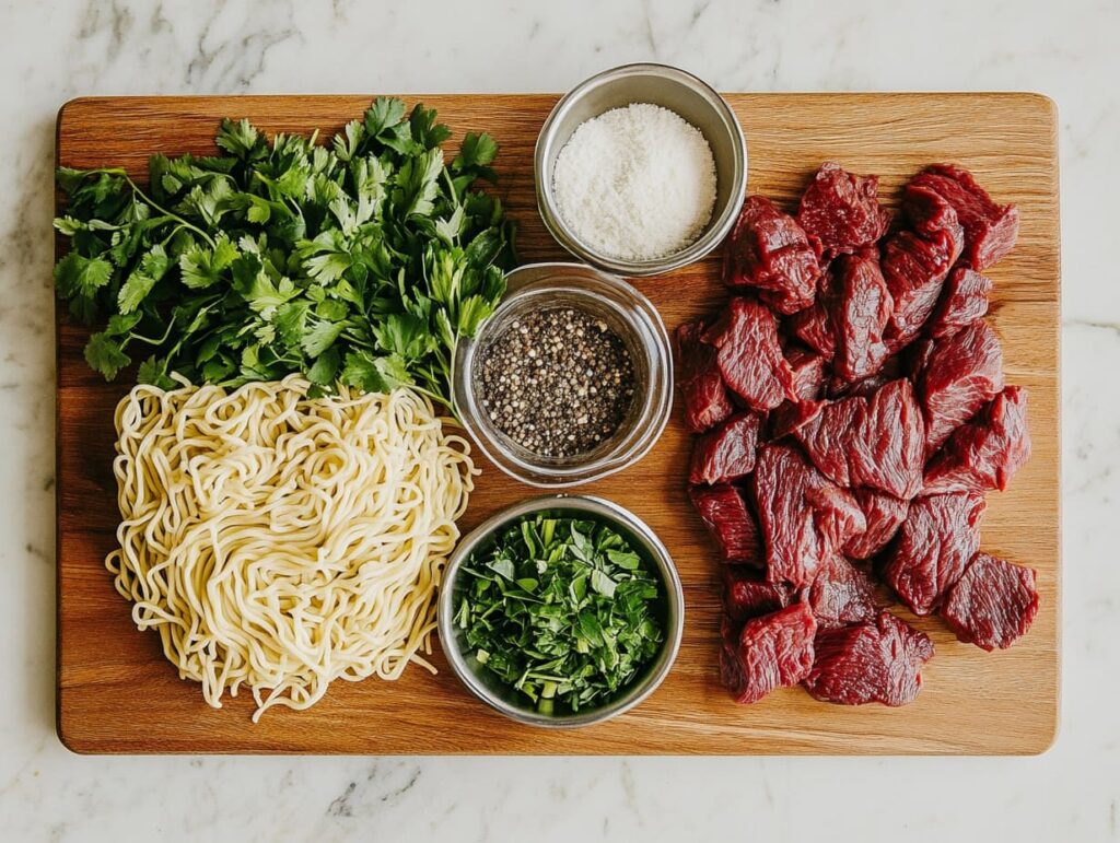  flat lay of fresh egg noodles beef cuts aromatic spices and fresh herbs on a wooden cutting board ready for preparation