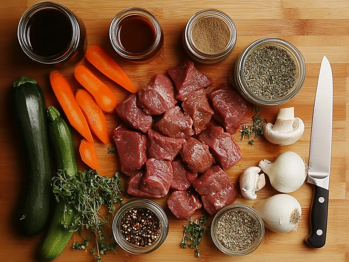 Flat-lay photo of raw beef tips surrounded by fresh vegetables like onions, mushrooms, and carrots, along with spices and small jars of sauces on a wooden cutting board with a kitchen knife