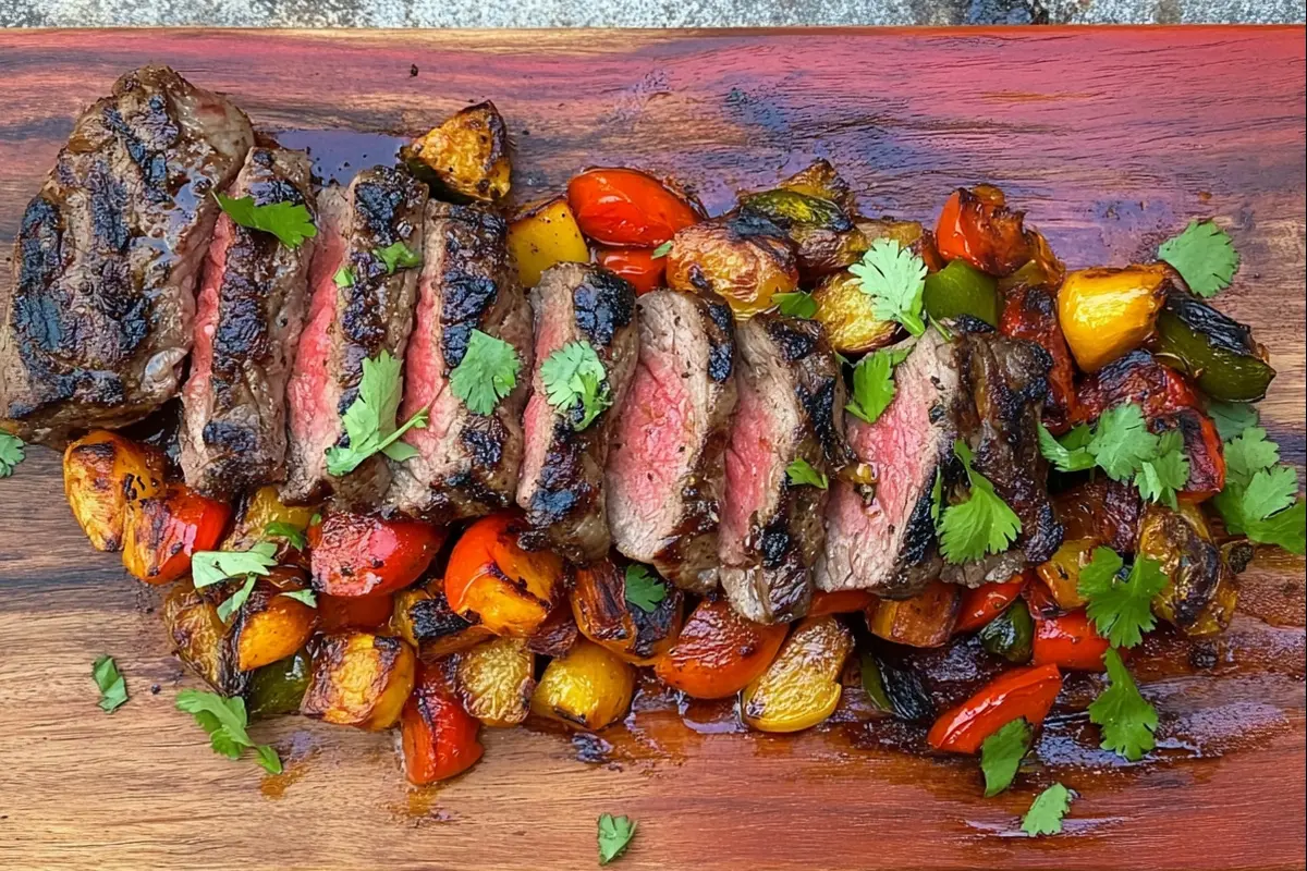 Grilled steak with colorful roasted vegetables, garnished with fresh herbs, served on a wooden board against a rustic outdoor dining setup with a vibrant red border