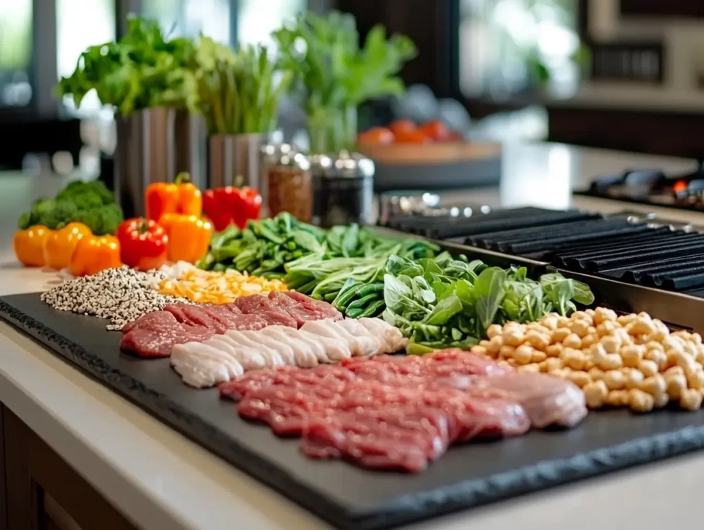 healthy grains displayed on a clean countertop next to a Blackstone griddle