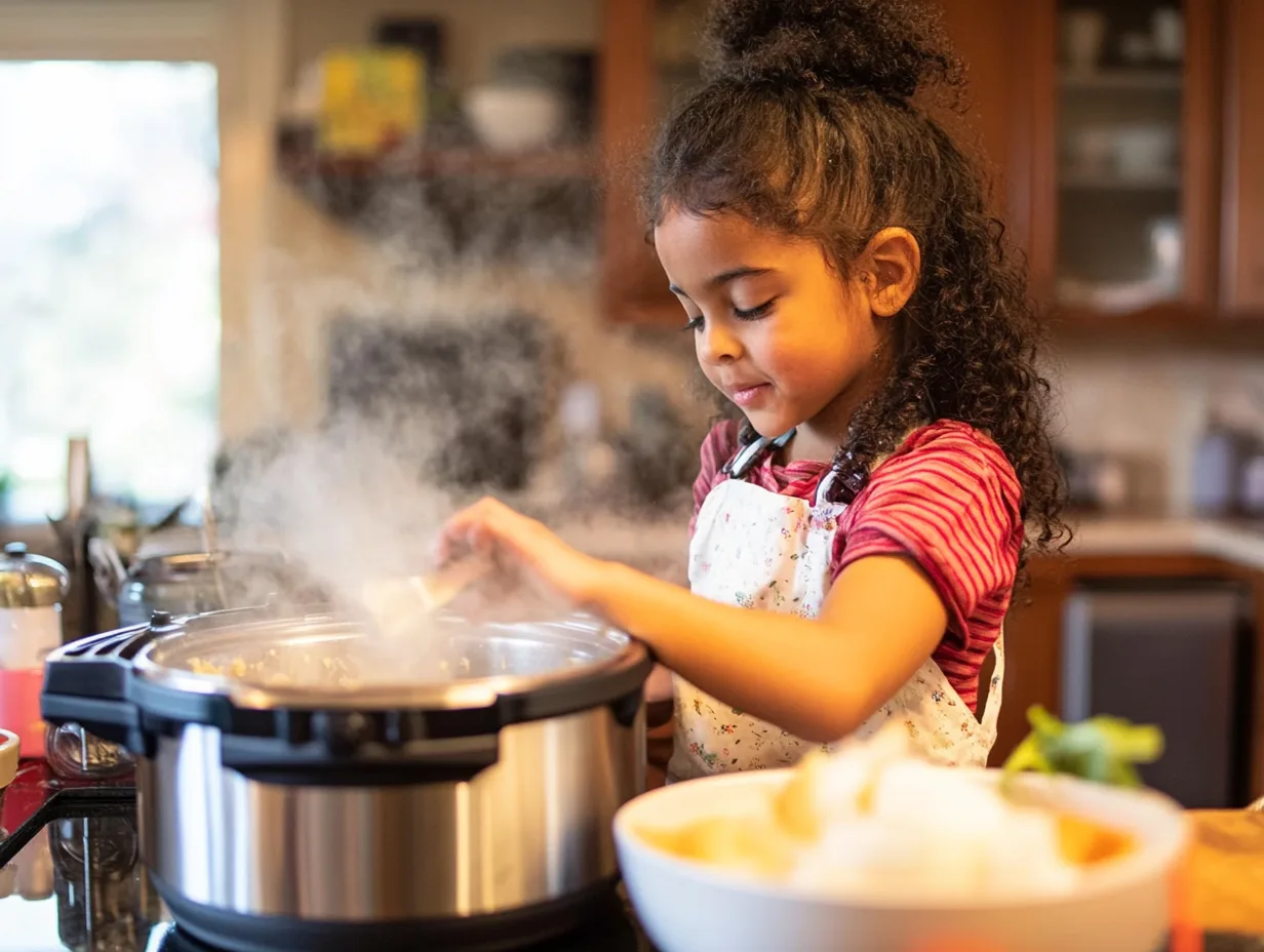 Parents and child working together in the kitchen, child mixing ingredients next to a steaming Instant Pot