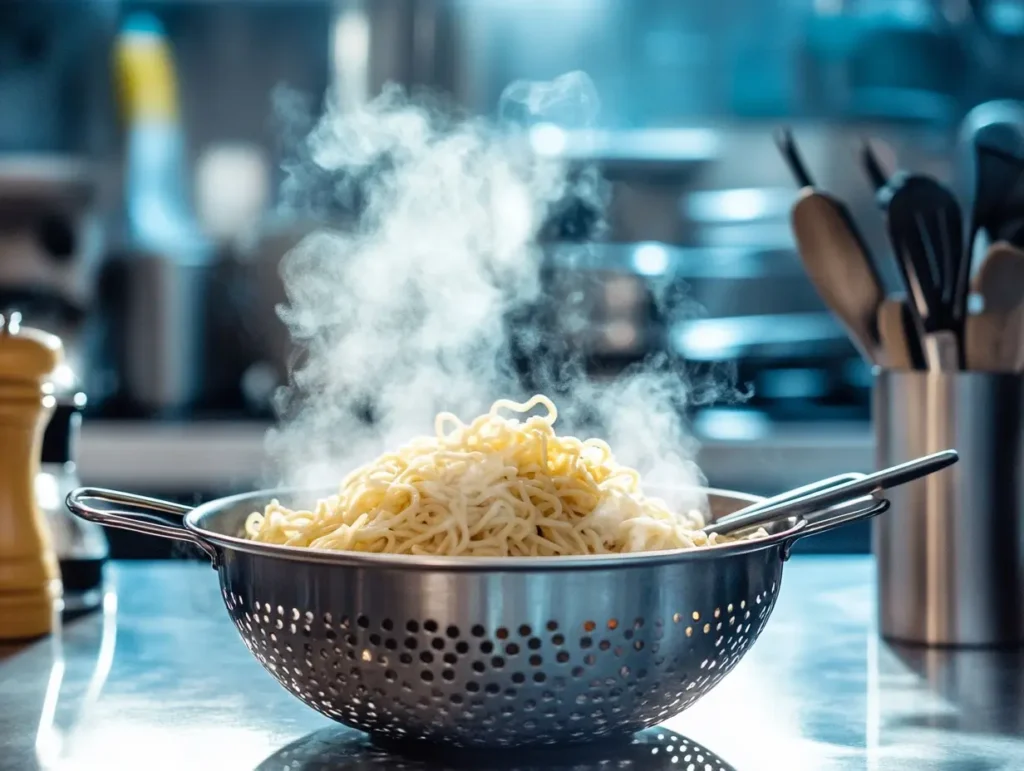 partially cooked noodles in a colander