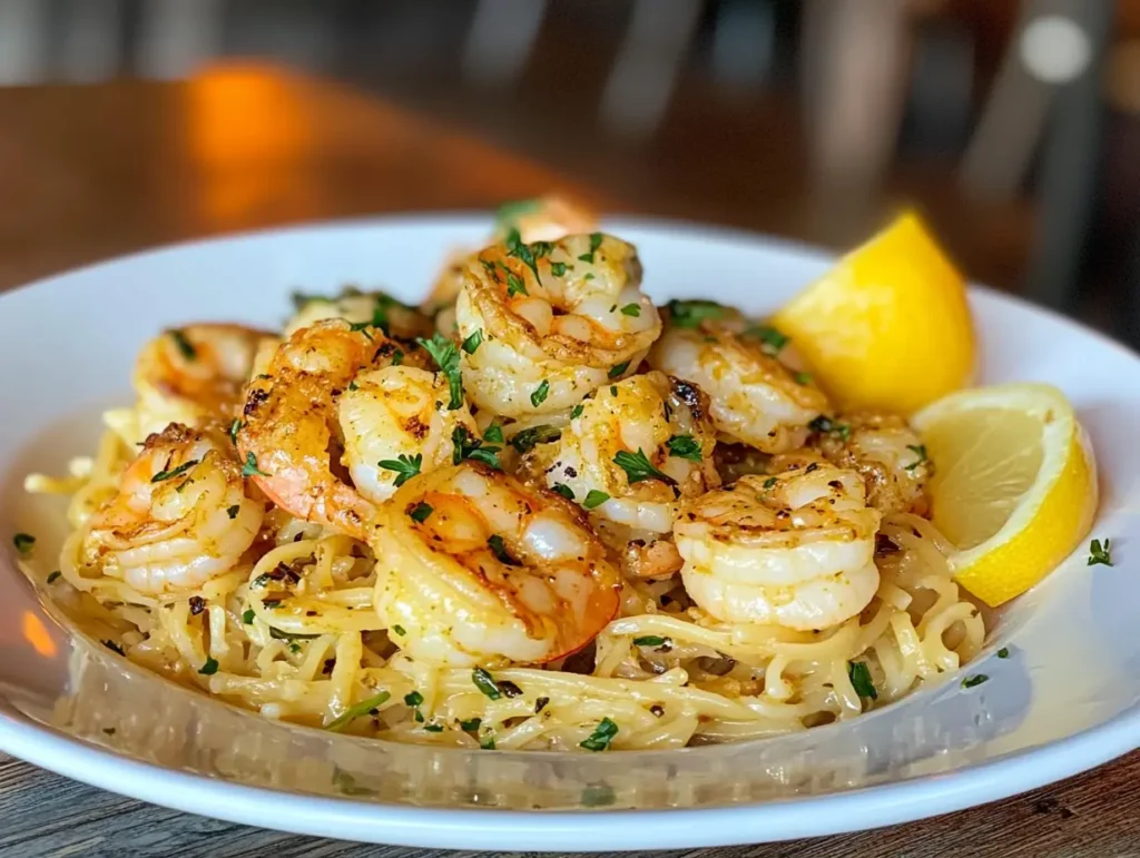 spicy Cajun shrimp garnished with fresh herbs