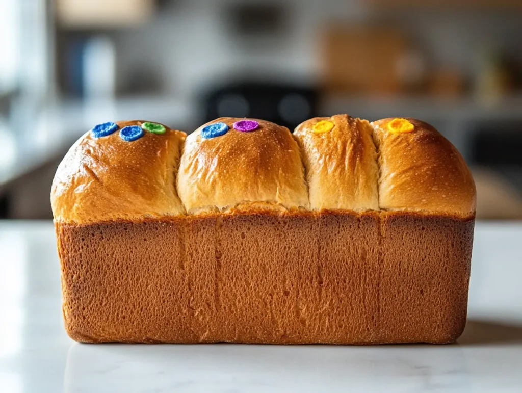 A loaf of bread with visual markers indicating underbaked, perfectly baked, and overbaked stages