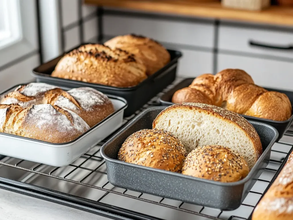 A photo of different bread pans (light metal, dark metal, glass, and ceramic) arranged on an oven rack