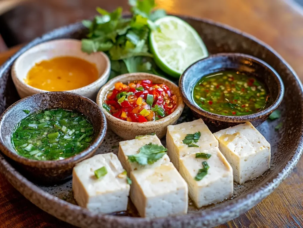  A plate of sliced tofu blocks served alongside vibrant dipping sauces and garnishes