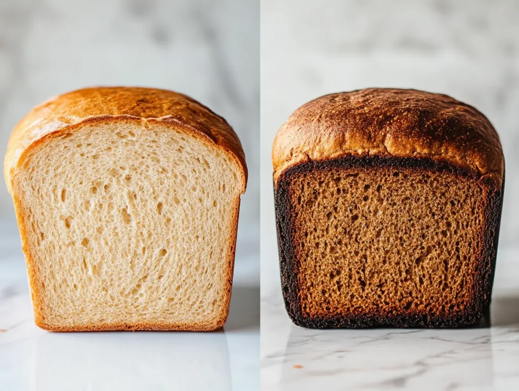 A side-by-side comparison of a pale loaf of bread and a well-browned loaf