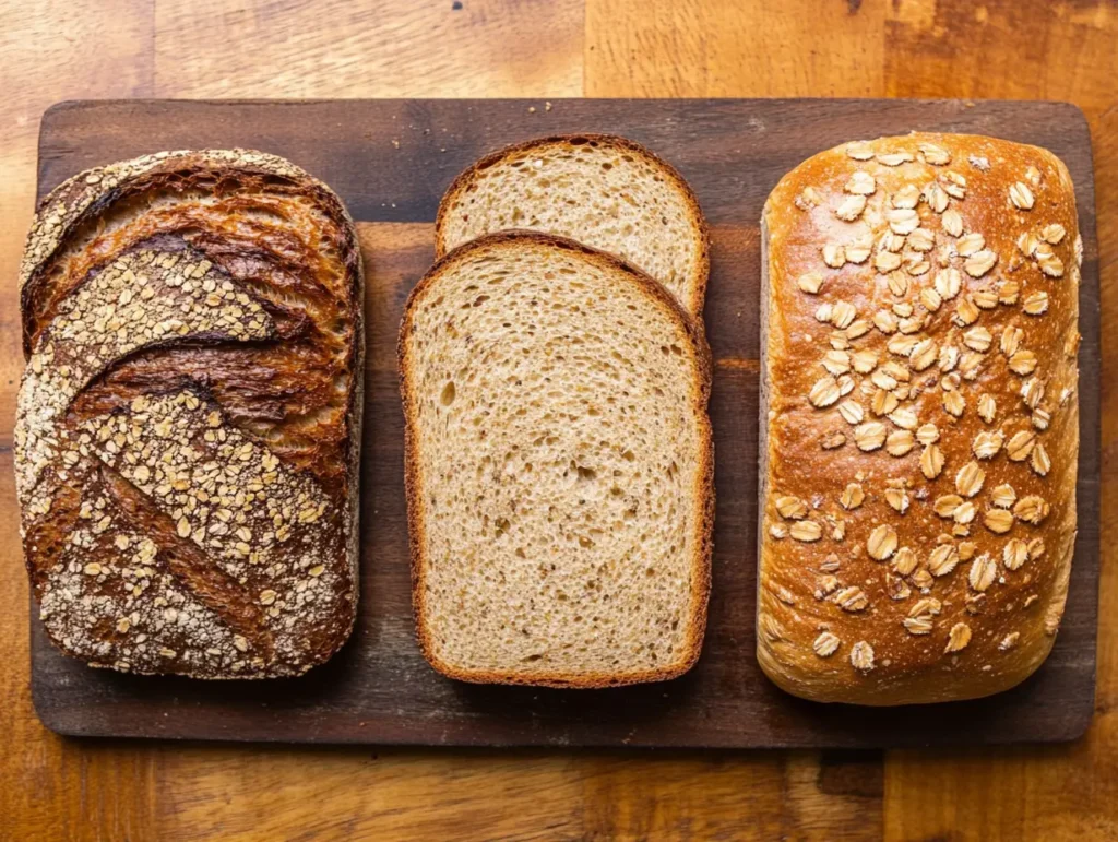 A side-by-side comparison of toasted white, whole grain, and artisan breads with timing annotations