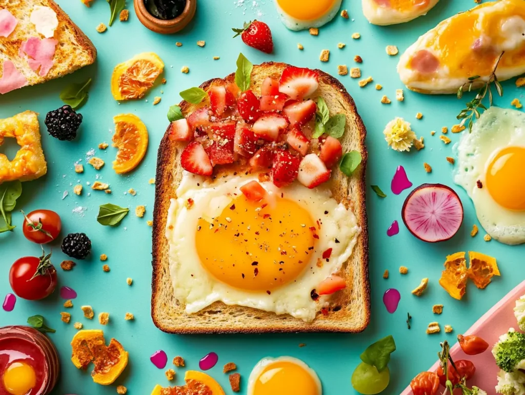 A slice of toast with melted cheese and artfully arranged toppings surrounded by a vibrant breakfast spread