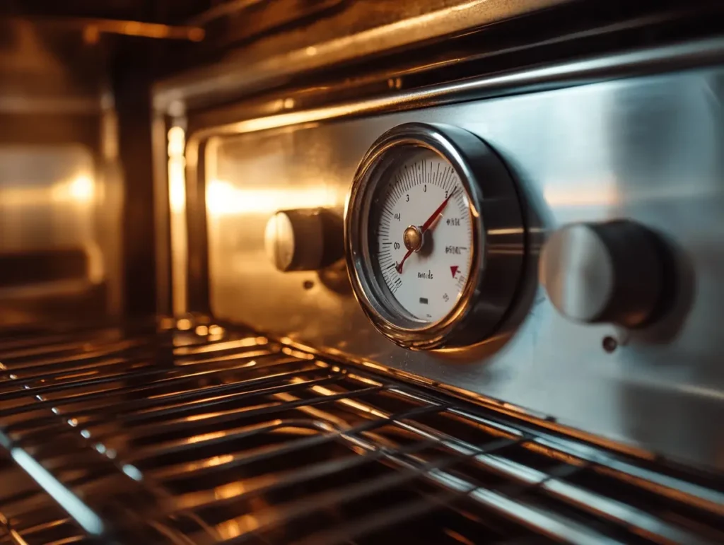 A thermometer placed inside an oven to check temperature accuracy