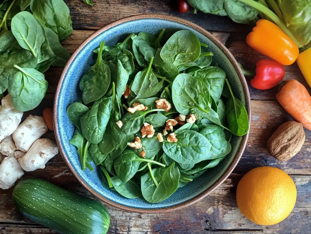 A vibrant bowl of fresh spinach leaves sprinkled with nuts