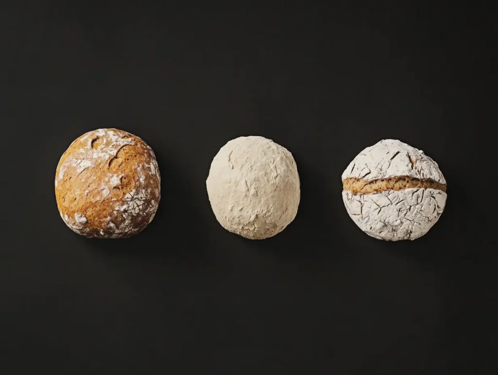 A visual comparison of doughs with different hydration levels and resulting bread crusts