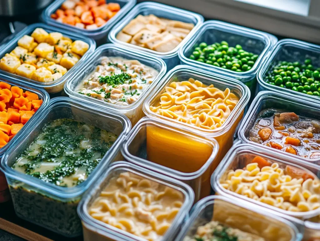 Chicken noodle soup stored in separate containers for broth and noodles, showcasing organized meal prep and fresh ingredients.