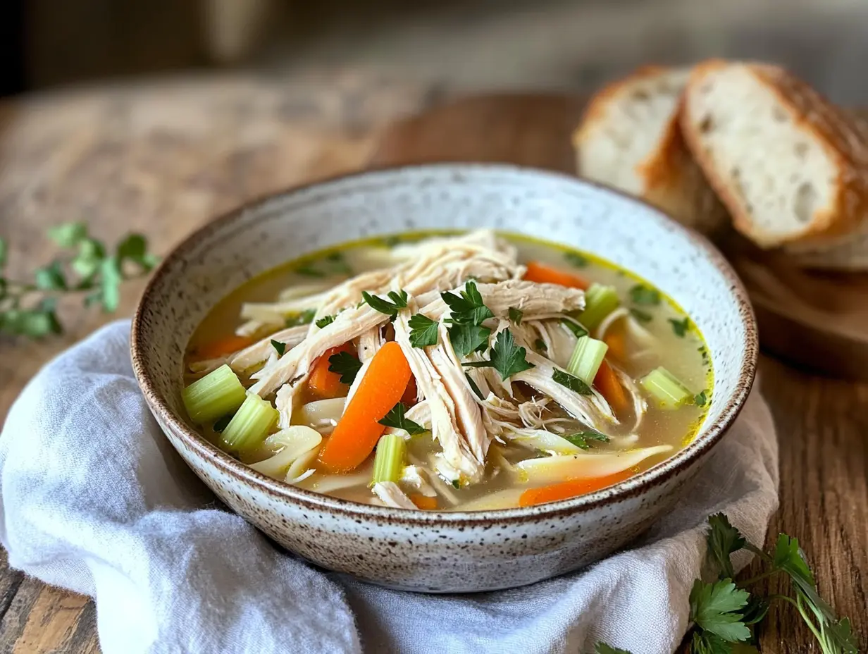 A bowl of chicken noodle soup with firm noodles, tender chicken, carrots, celery, and parsley, set on a rustic wooden table with crusty bread and a linen napkin