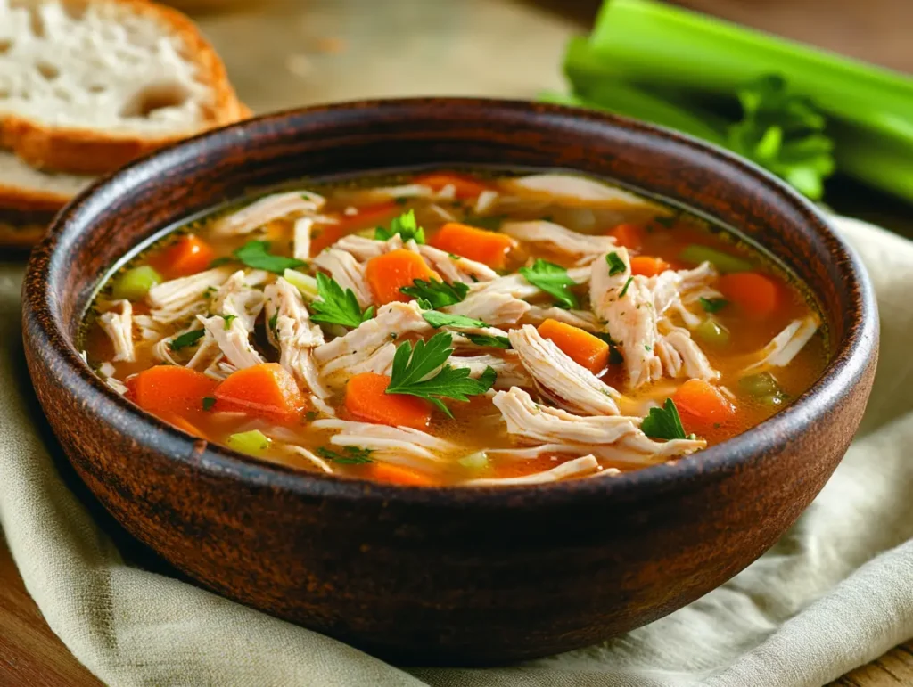 A rustic bowl of chicken noodle soup featuring carrots, celery, and shredded chicken, garnished with fresh parsley, accompanied by crusty bread for a comforting meal