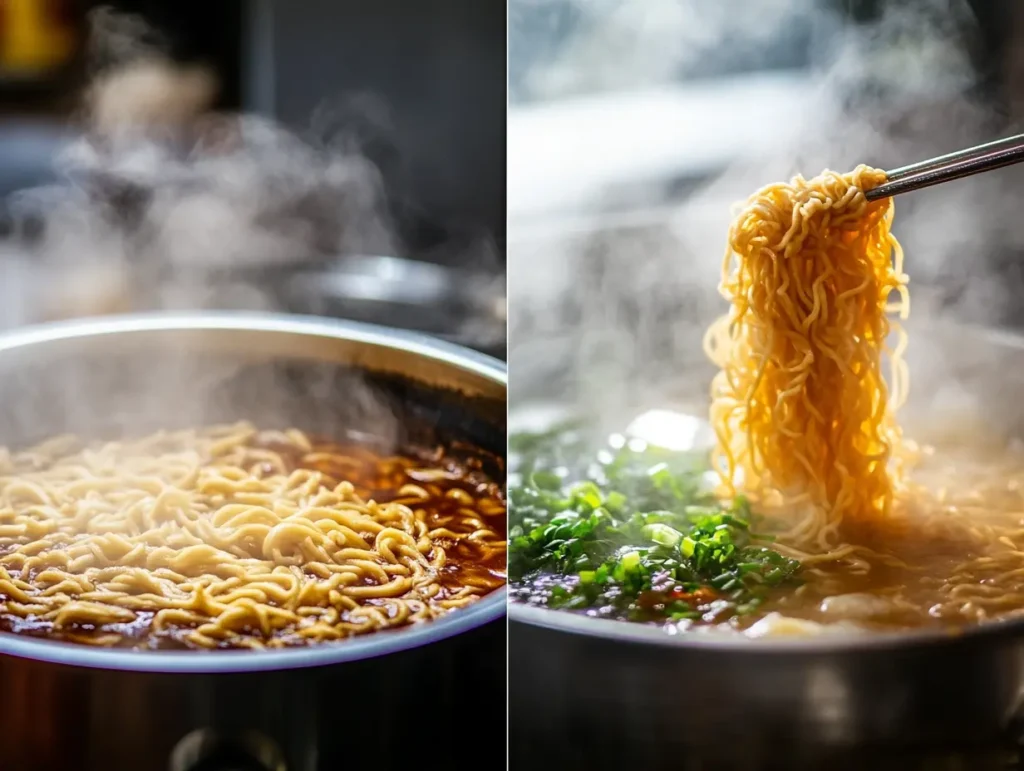 Split-screen image comparing noodles cooked separately and noodles cooked directly in soup, highlighting textural differences