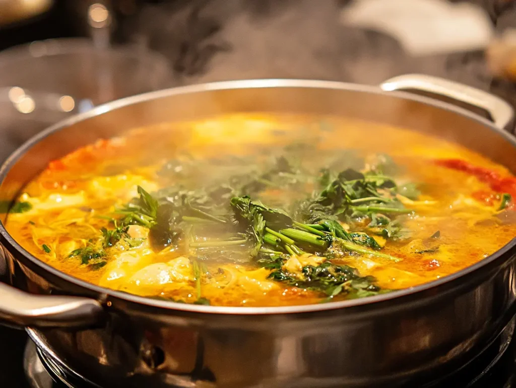 A steaming pot of golden chicken broth enriched with fresh aromatic vegetables and herbs, emitting a savory aroma