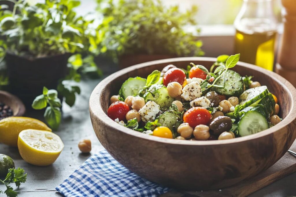 bowl filled with colorful Greek chickpea salad