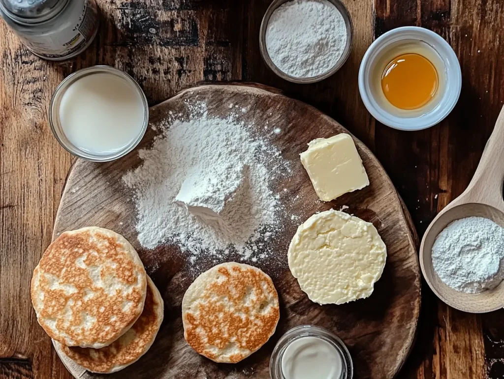 How To Make English Muffins, Flat lay of English muffin ingredients including flour, yeast, milk, butter, sugar, and salt on a rustic kitchen backdrop.