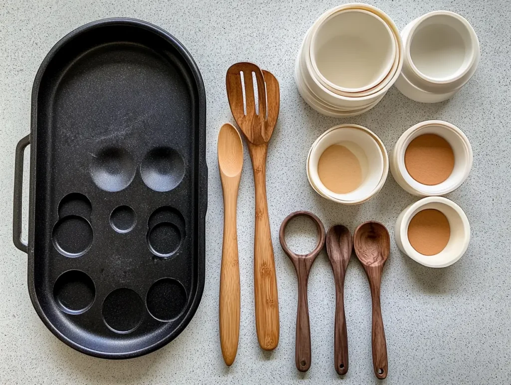 Neatly arranged photo of tools for making English muffins, including silicone rings, wooden spoons, and a cast-iron griddle.