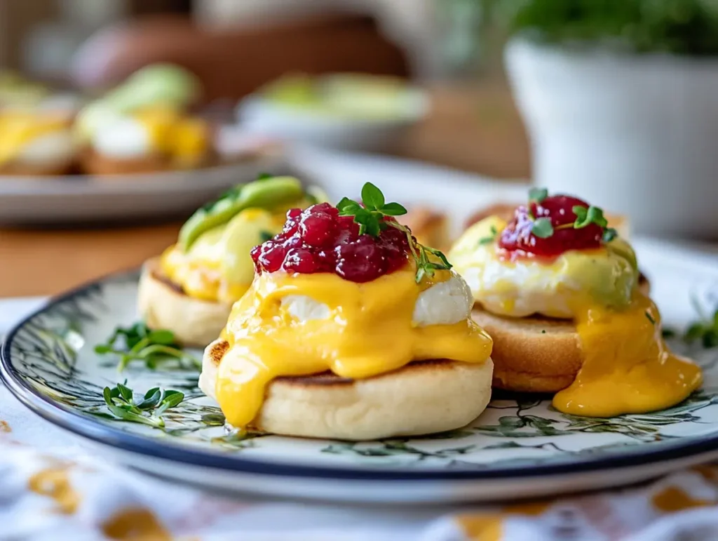 Vibrant breakfast table with English muffins topped with avocado, eggs Benedict, and fruit jam, served with coffee and fresh fruit.