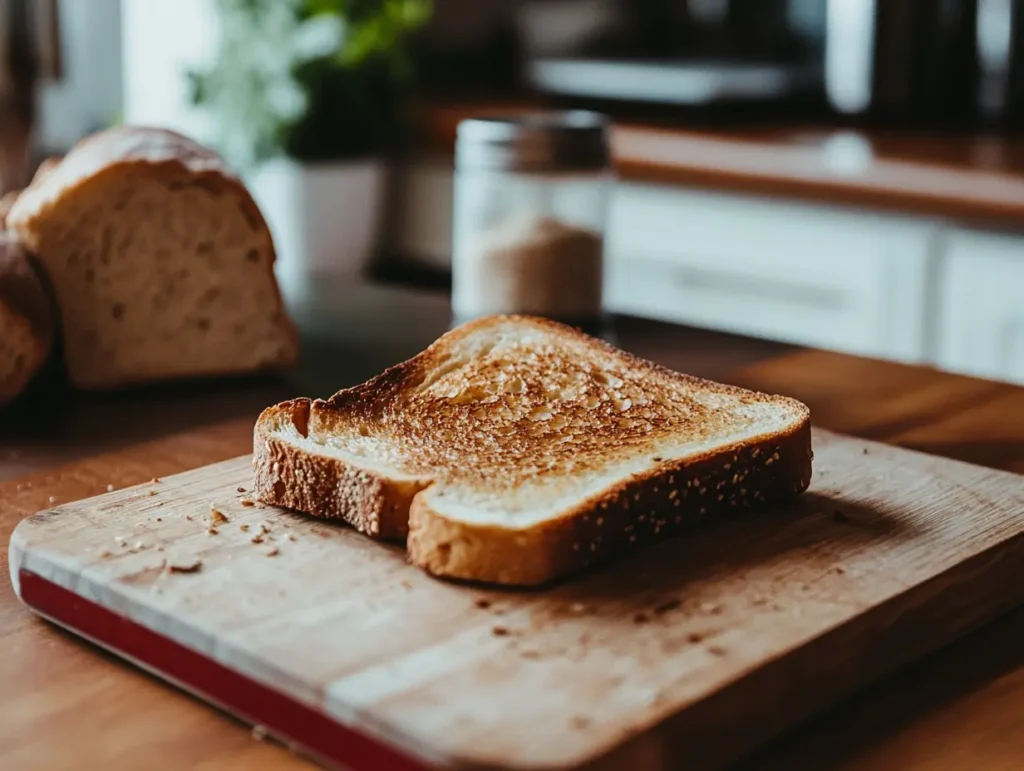 golden-brown toast slice on a wooden kitchen countertop surrounded by fresh bread