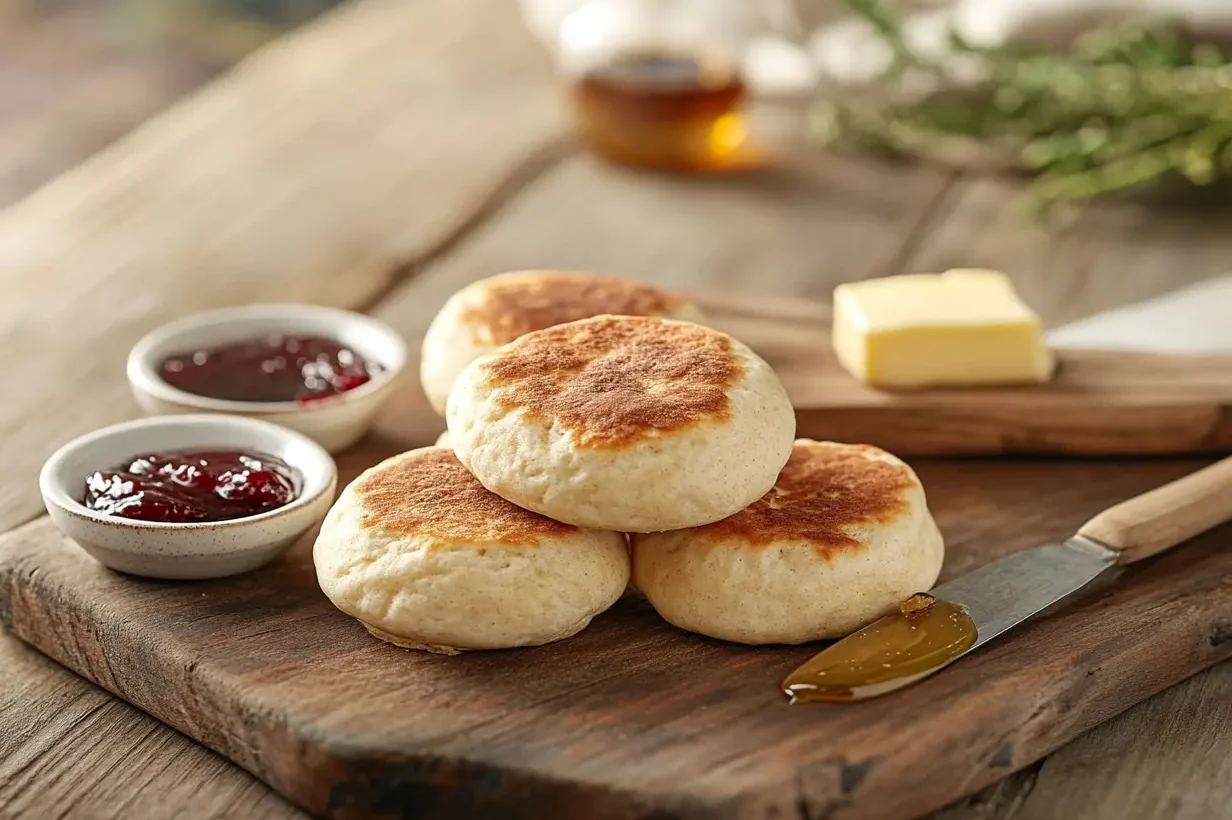 Freshly baked English muffins on a rustic wooden table with butter, jam, and honey, captured in natural light for a breakfast setting