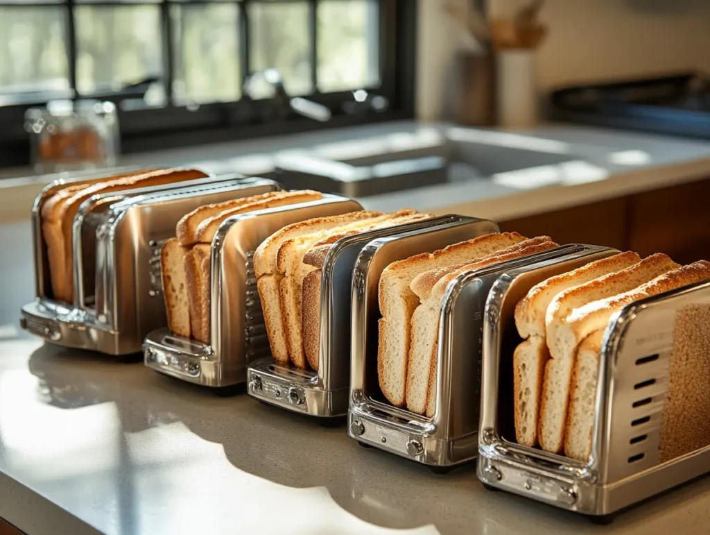 multiple toasters side-by-side on a countertop, each toasting different types of bread