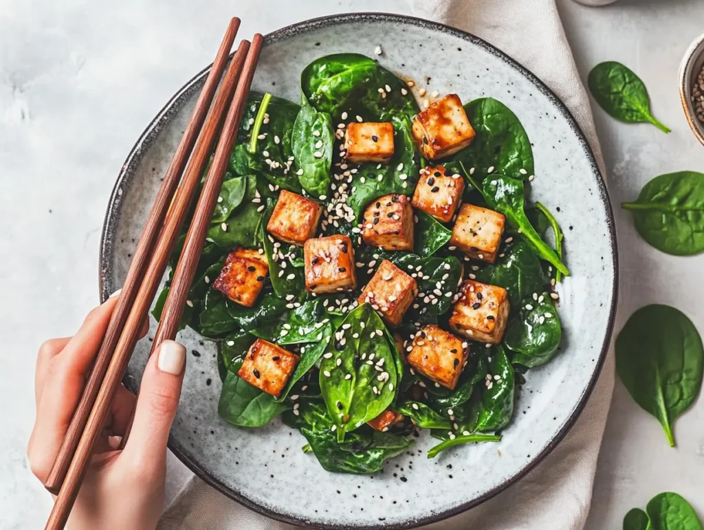 photo of a beautifully plated spinach and tofu stir-fry served with sesame seeds and chopsticks